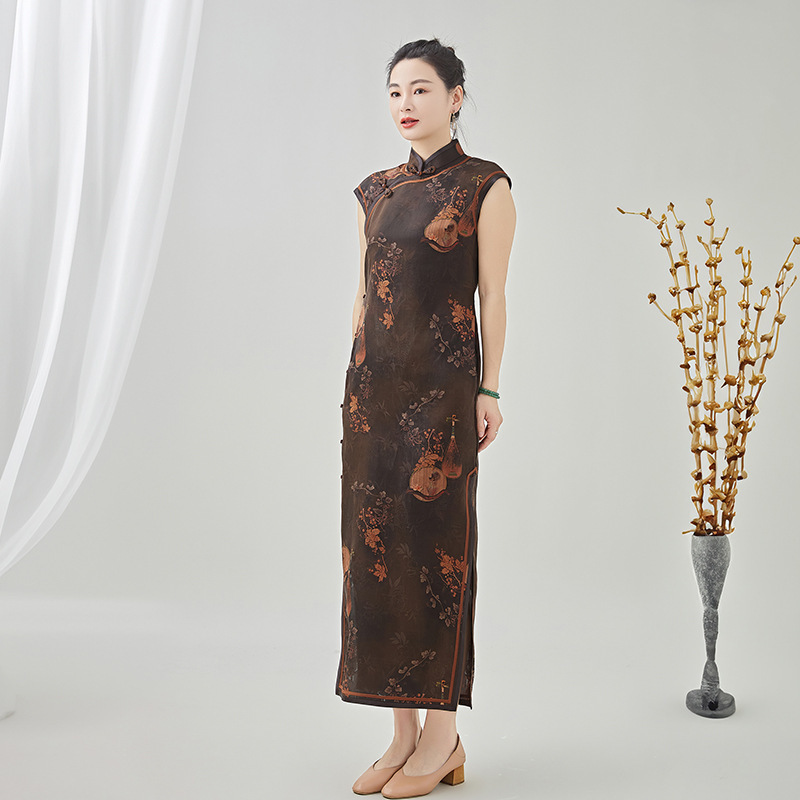 夏季新款复古印花旗袍 改良版民国风连衣裙 阔太太宽松香云纱旗袍