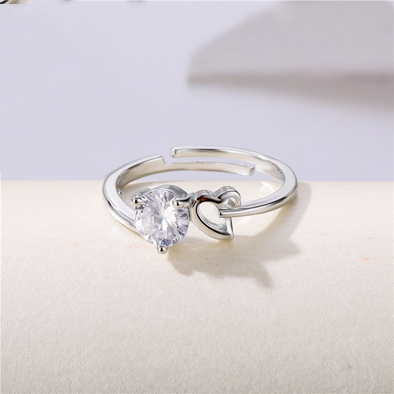 Europe and America Cross Border Supply Open-End Zircon Ring Simple Wedding Index Finger Diamond Ring Ins Fresh Heart-Shaped Wedding Ring