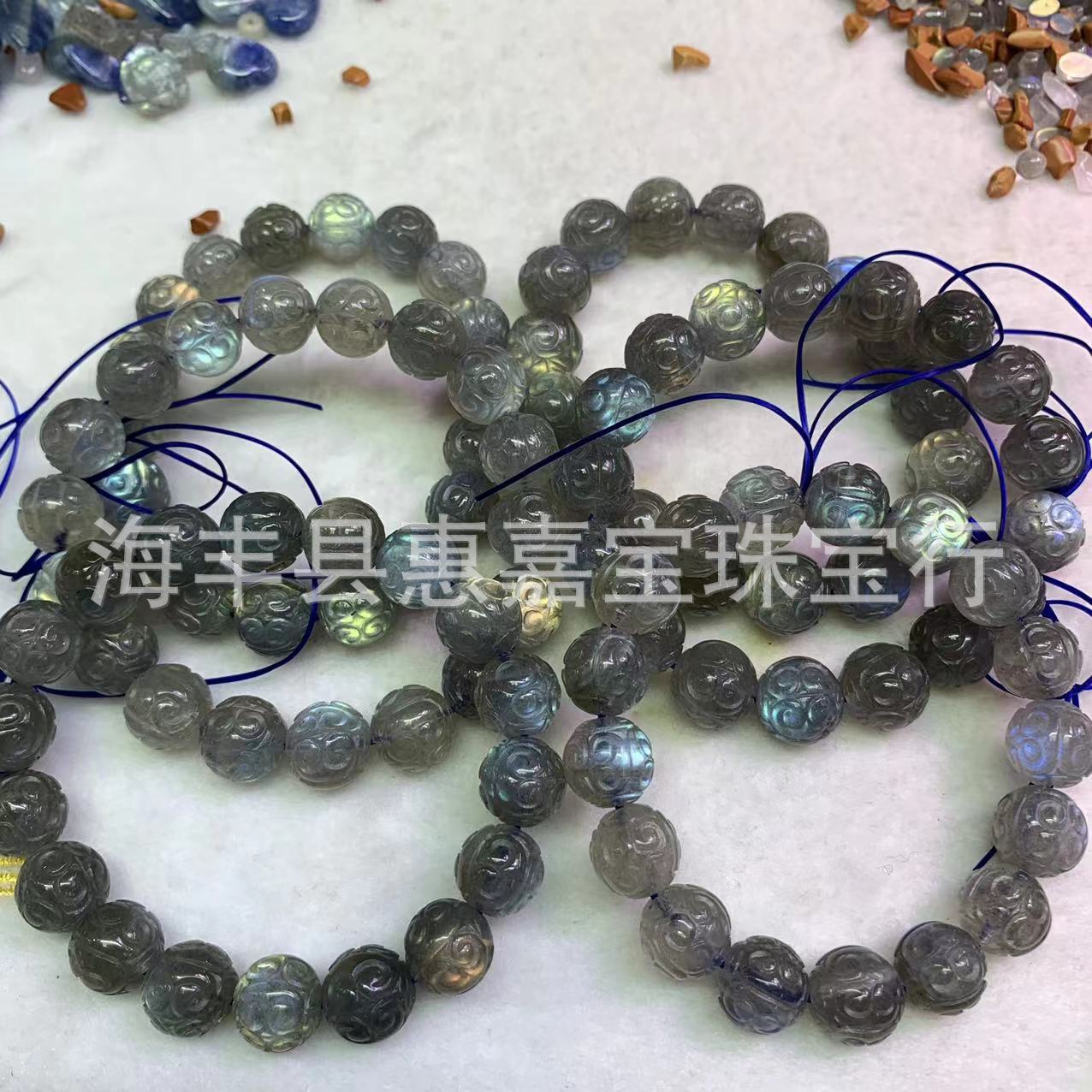 天然拉长石圆珠回纹珠手链 灰月光 蓝月光 月光石 灰闪石回纹珠