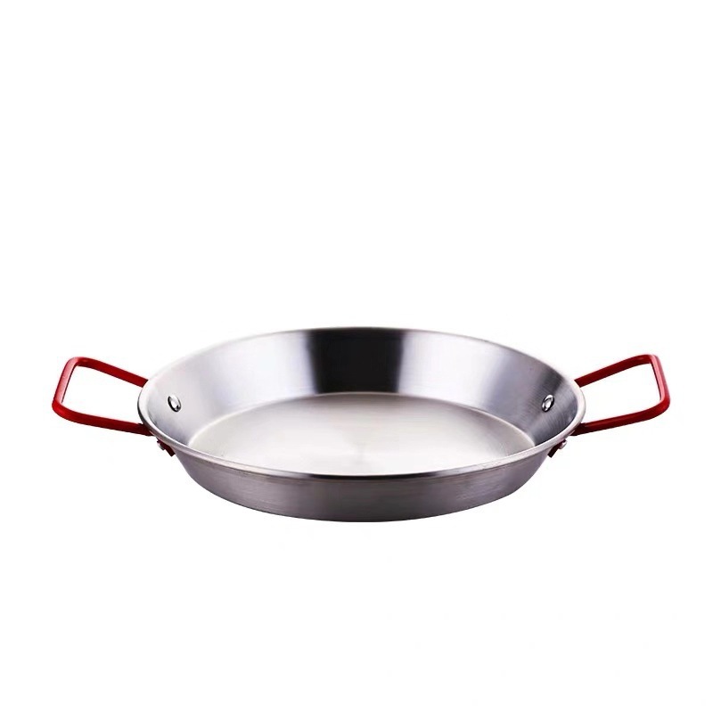 Stainless Steel Seafood Plate Thickened Paella Spanish Risotto Pan Flat Frying Pan Double Ear Red Handle Tray