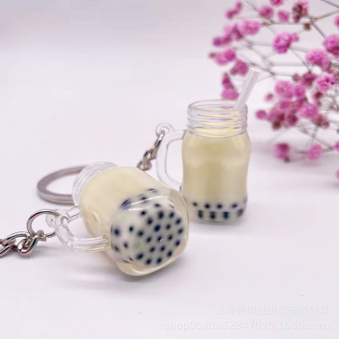 Creative Simulation Bubble Milk Tea Cup Keychain Bag Car Key Ring Pendant Milk Tea Shop Small Gift Hand Office