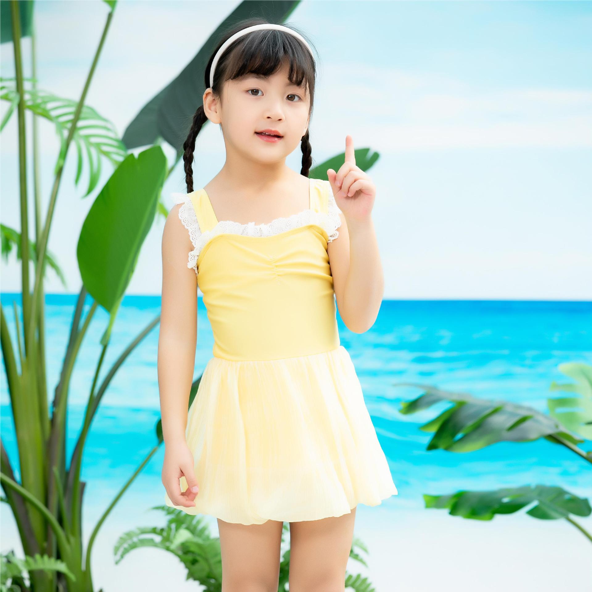 儿童泳衣女童连体公主裙可爱女孩马卡龙色木耳花边蓬蓬裙式公主纱