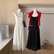 WGWE 夏季新款U型领米白色吊带裙收腰气质纯色连衣裙仙女长裙7935