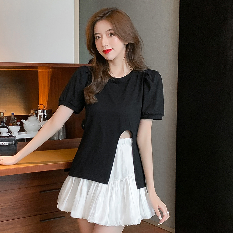 实拍黑色设计感侧开叉泡泡袖t恤 高腰蓬蓬半身短裙洋气两件套装夏