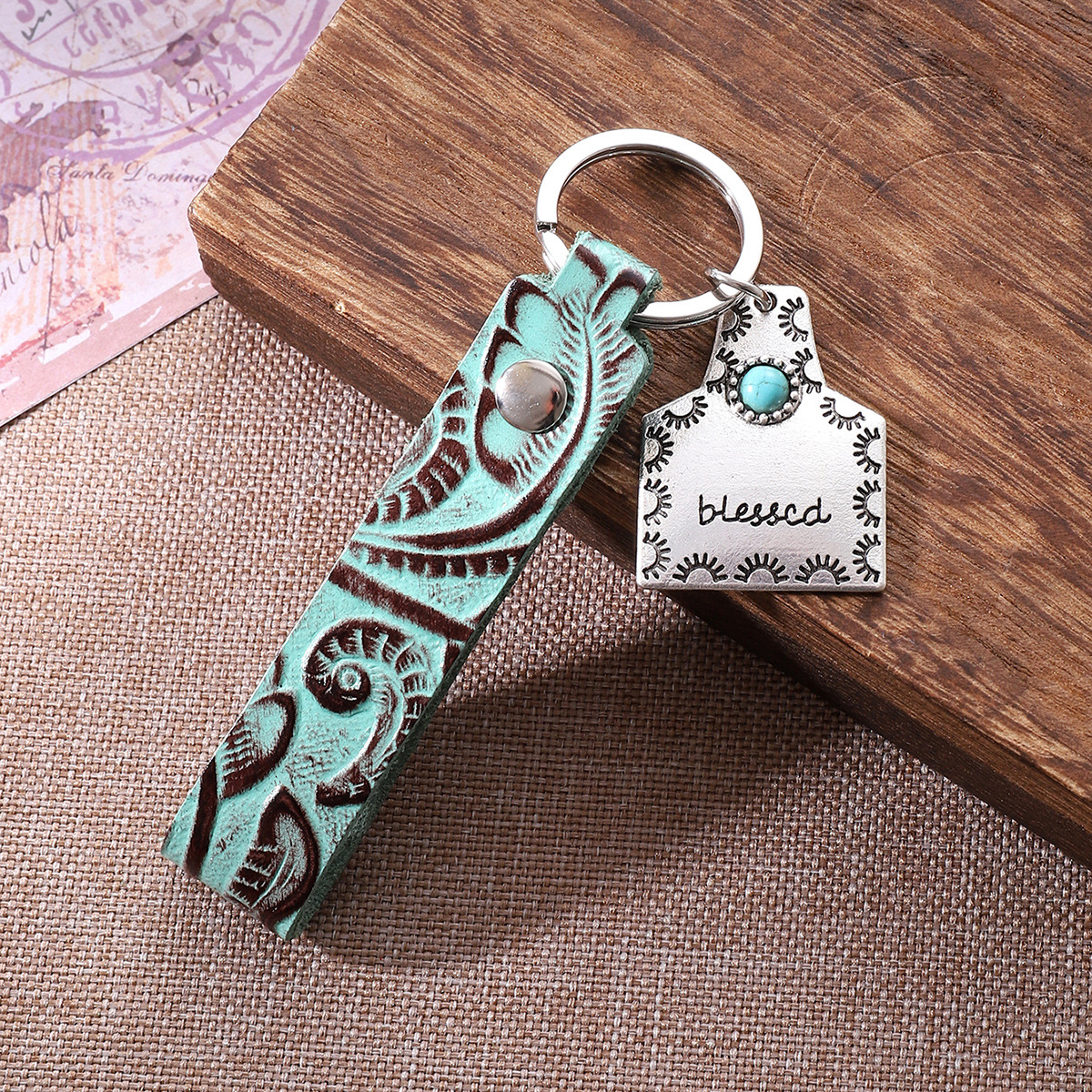 A Variety of Brown Leather Pattern Keychain Alloy Word Farm Sign Mother Natural Turquoise Cross-Border European and American Amazon
