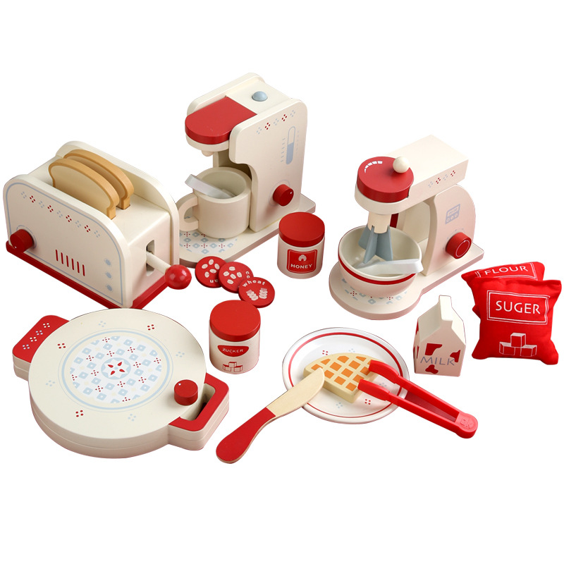 Factory Supply Play House Kitchen Wooden White Bread Maker Coffee Machine Mixer Simulation Kitchenware Parent-Child Toys