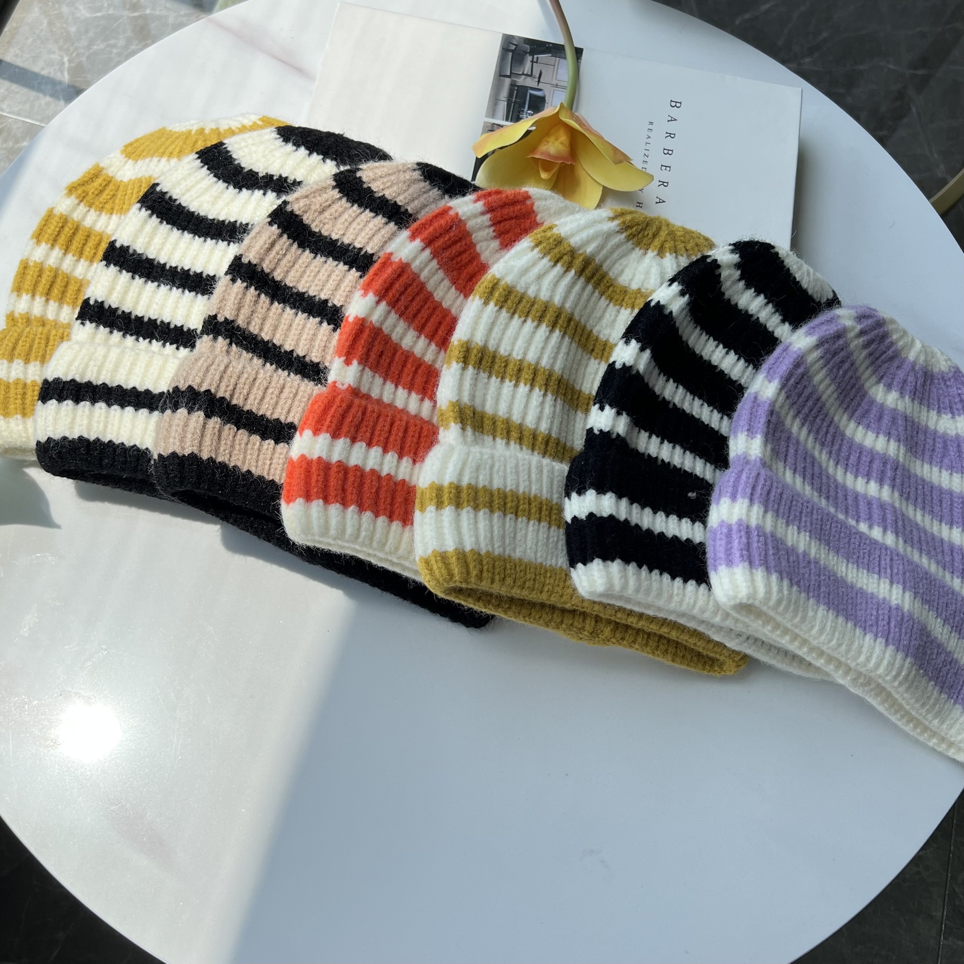 Japanese Style Couple Hat Striped Skullcap Trendy Western Style Curling Woolen Cap Color Matching Cold-Proof Toque Knitted Hat