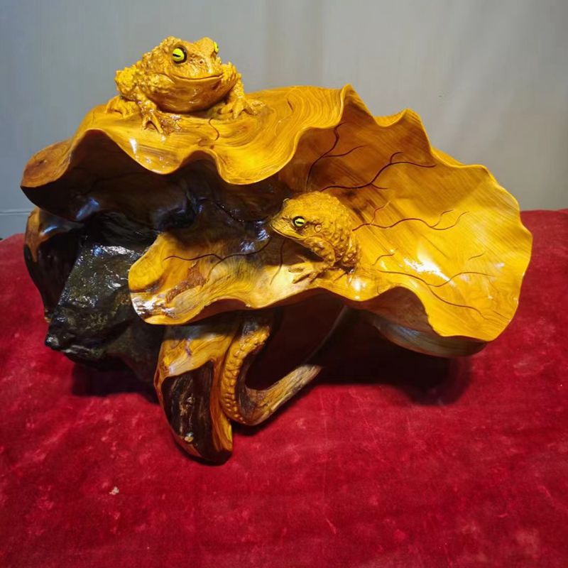 太行崖柏根抱石根雕纯手工雕刻荷叶蟾蜍木雕家居办公装饰礼物摆件