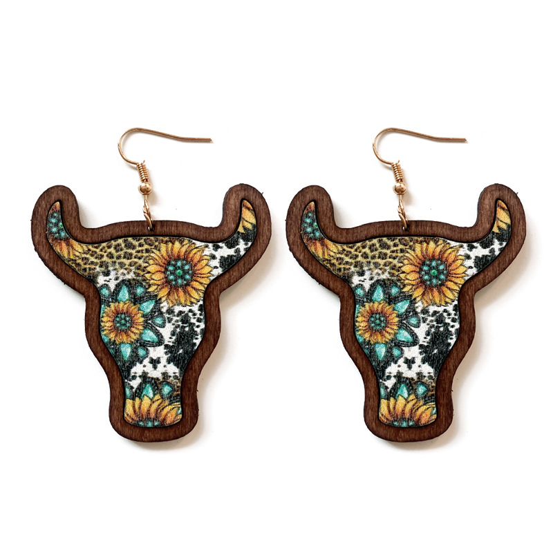 Cross-Border Western Retro Wooden Earrings Cow Head Inlaid Bohemian Style Earrings European and American Fashion Popular Ornament Supply