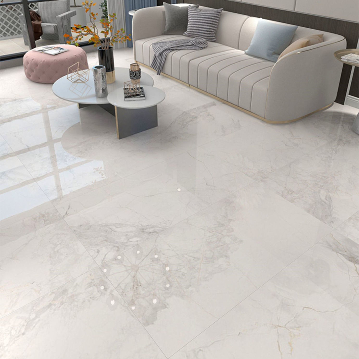 寒江雪通体大理石地板砖客厅卫生间瓷砖奶白色简约