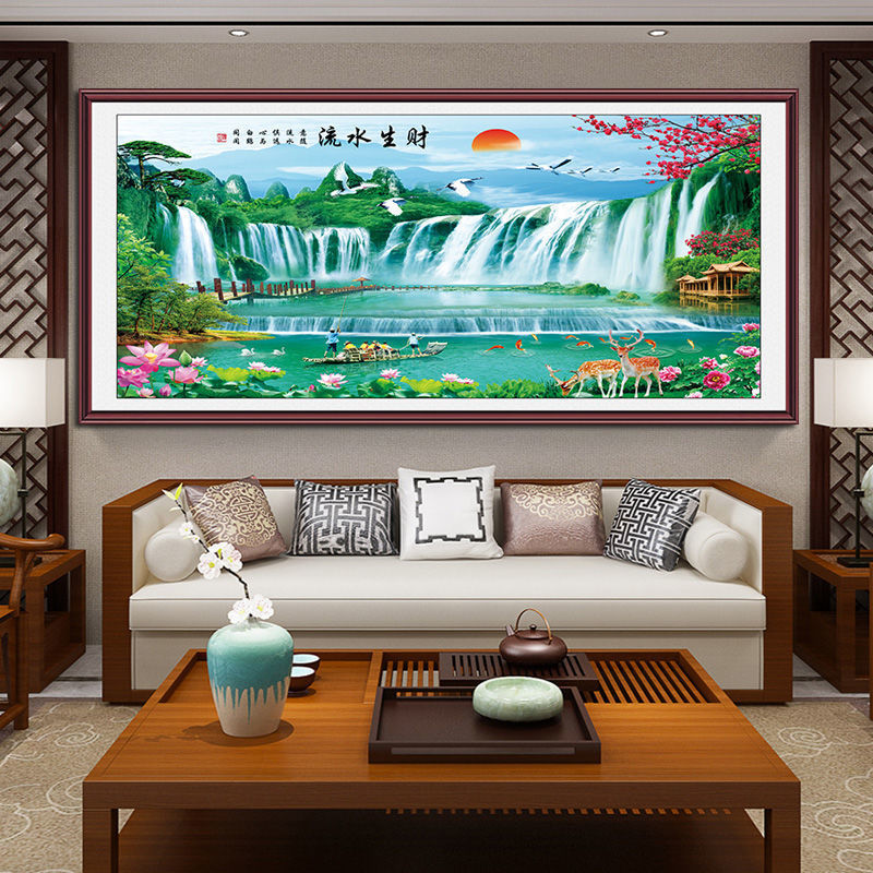 客厅装饰画山水风景画流水生财贴画中堂风水聚财画沙发背景墙壁画