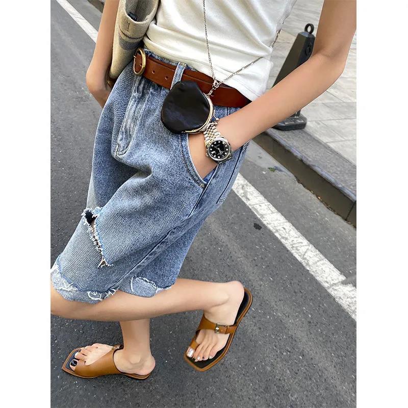 雅痞风破洞牛仔中裤女夏季新款直筒高腰宽松短裤显瘦阔腿五分裤潮