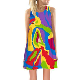 2025新夏季热卖款欧美新款数码印花炫彩色无袖亚马逊连衣裙