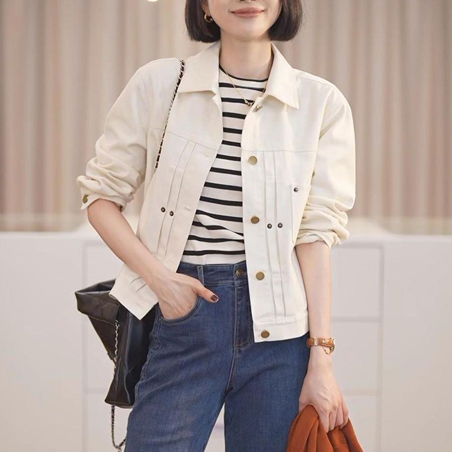 【云舒】秋新款米白色设计感气质牛仔服女外套夹克上衣-阿里巴巴
