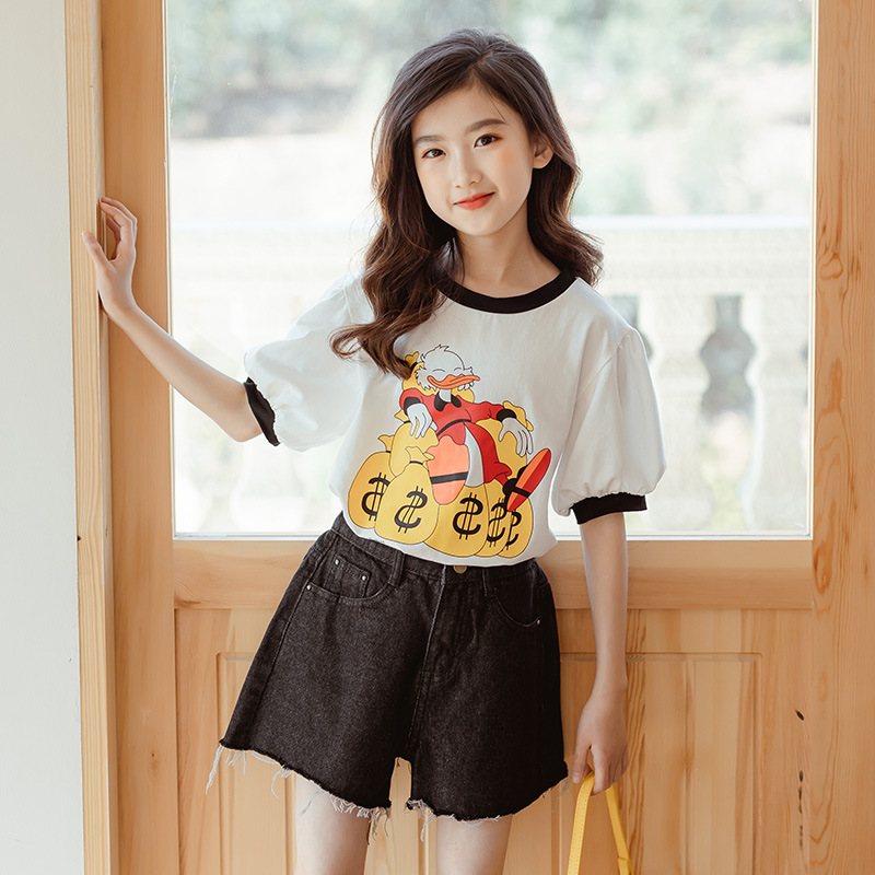 韩版2021夏季女童T恤新款拼色印花半袖上衣中大童女孩洋气套头衫
