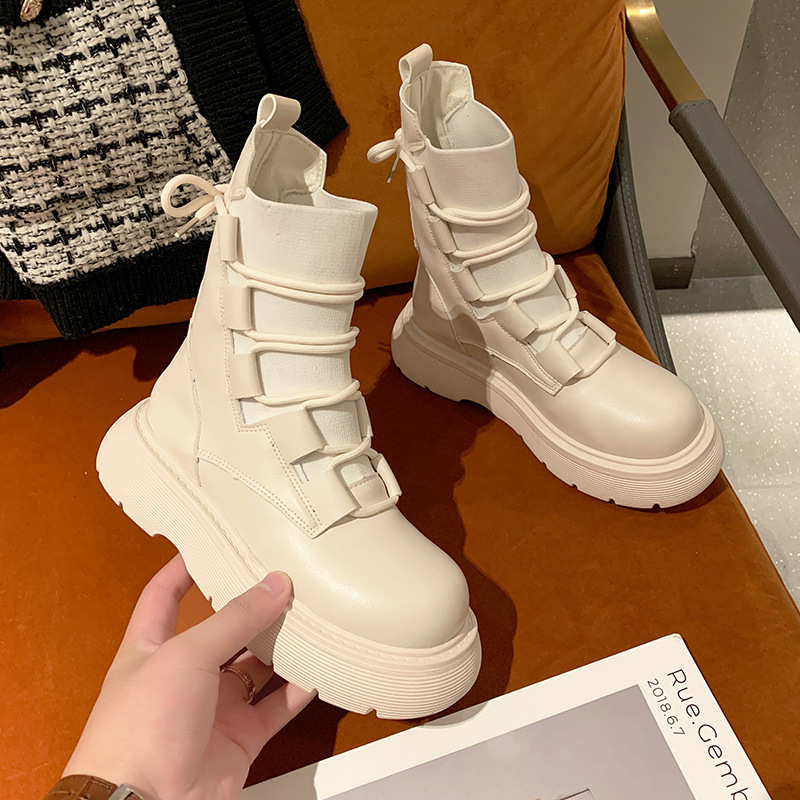 厚底时装毛线拼接马丁靴中筒靴保暖女靴秋冬新款系带韩版潮流女鞋