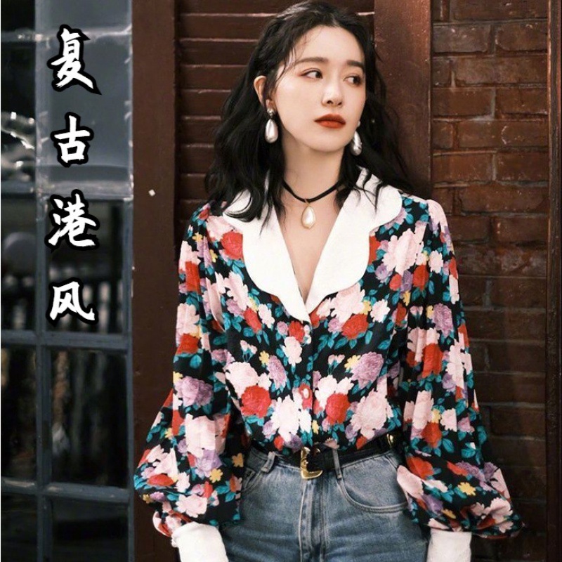 90年代复古港风女装新款衬衫设计感高级内搭印花显瘦长袖翻领衬衫