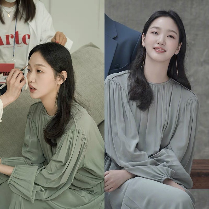 永远的君主金高银同款 灰绿 褶皱宽松 文艺女神范 温柔长款连衣裙