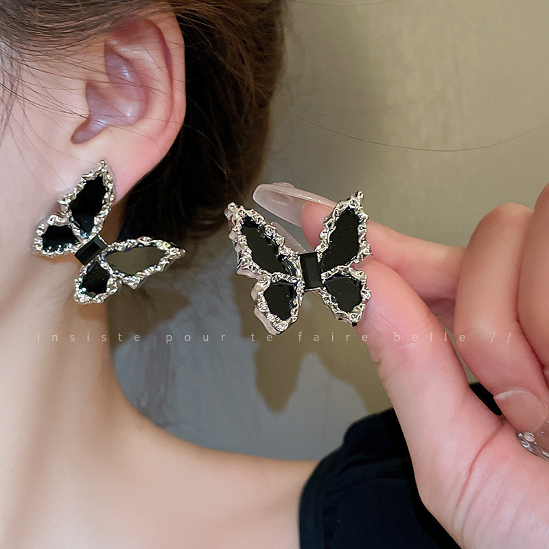 Silver Needle Retro Black & Rhimestone Butterfly Flower Pearl Earrings Women's Fashion Ear Studs Light Luxury High-Grade Earrings