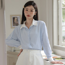 2023新款 韩版宽松条纹女夏季薄款设计感小众复古显瘦短袖衬衫