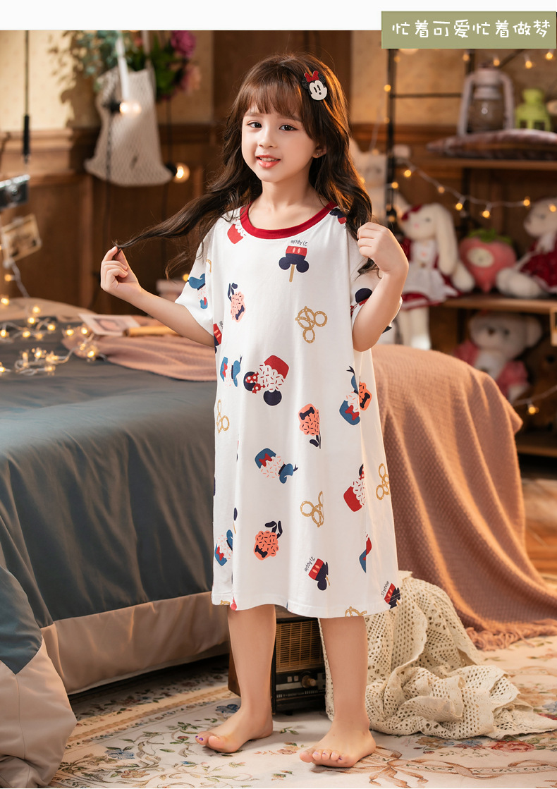 新款纯棉夏天儿童睡裙夏季睡衣短袖女可爱卡通宝宝小童女孩家居服