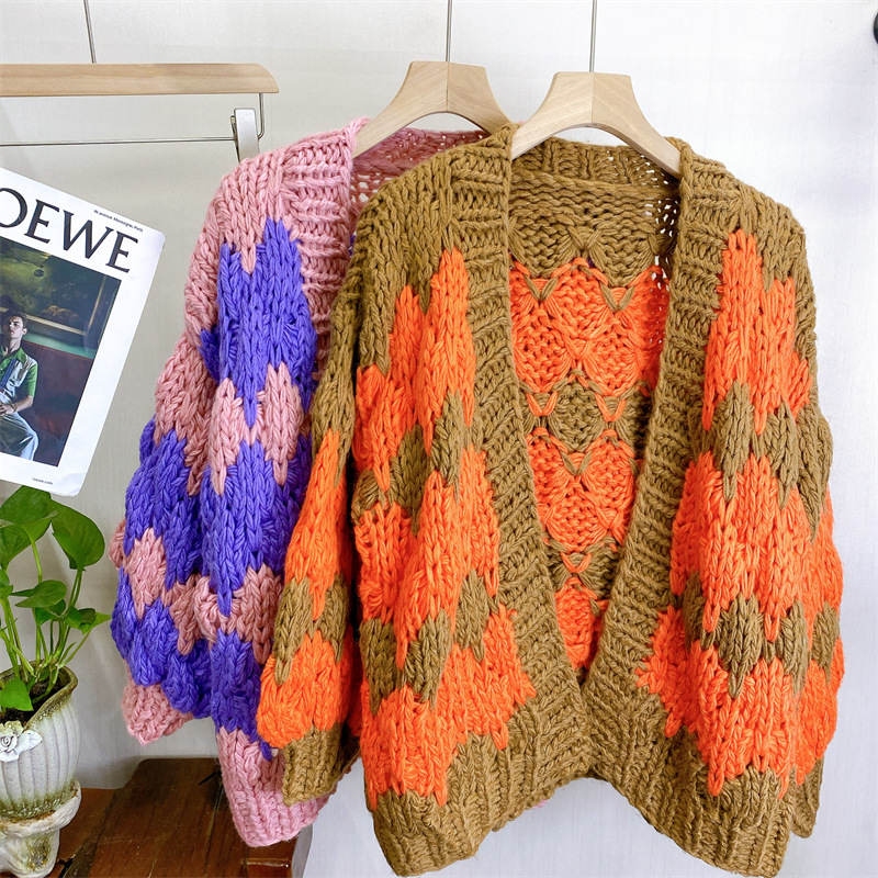 欧美慵懒风外套女纯手工编织粗棒针上衣拼色中长款开衫毛衣女秋冬