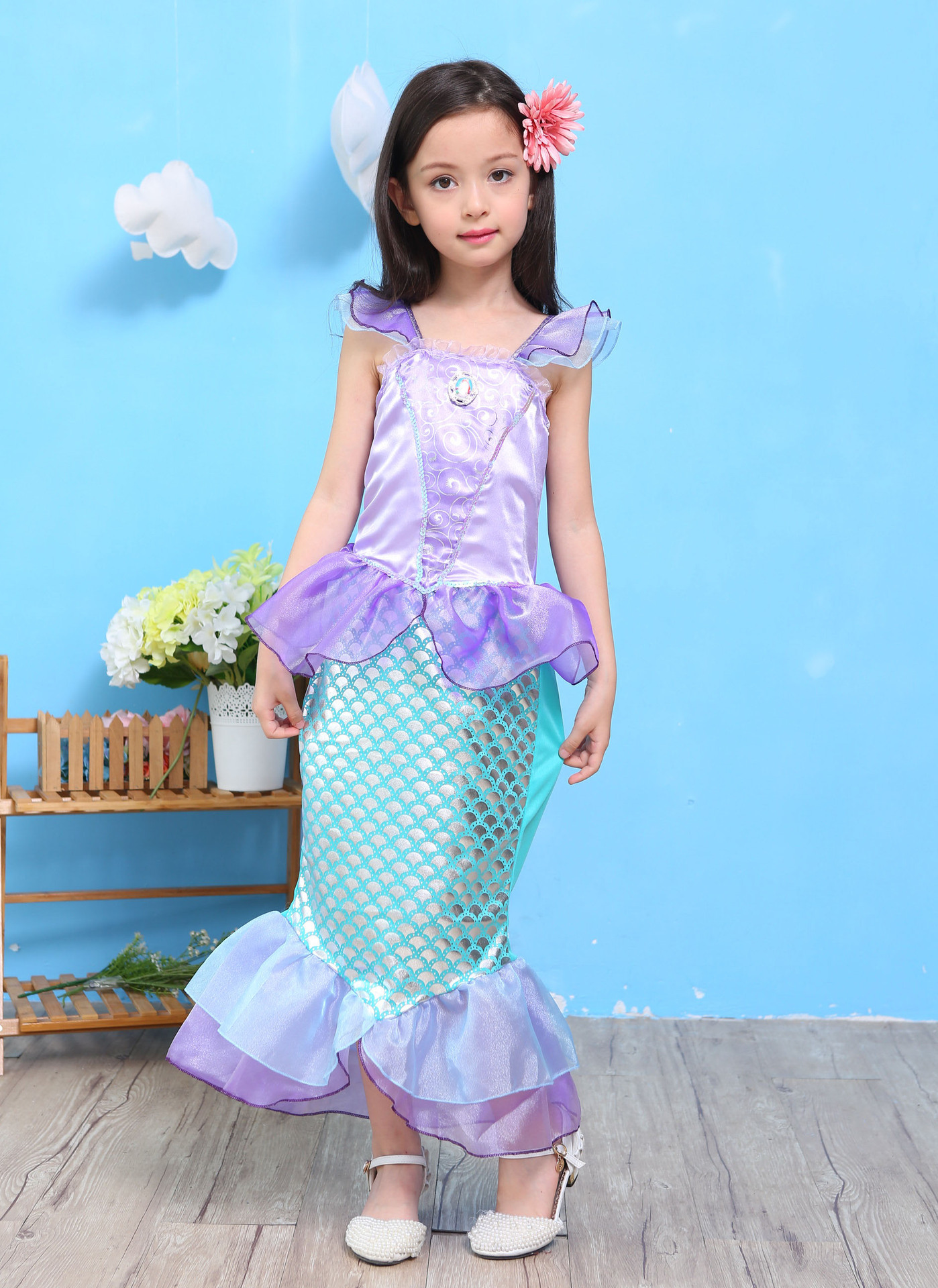 跨境欧美万圣节服装美人鱼公主裙女童生日表演礼服cosplay装扮裙