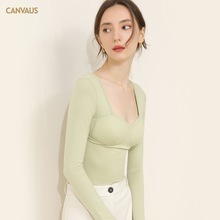 CANVAUS秋冬打底衫女磨毛保暖方领修身带胸垫长袖薄款女装上衣潮