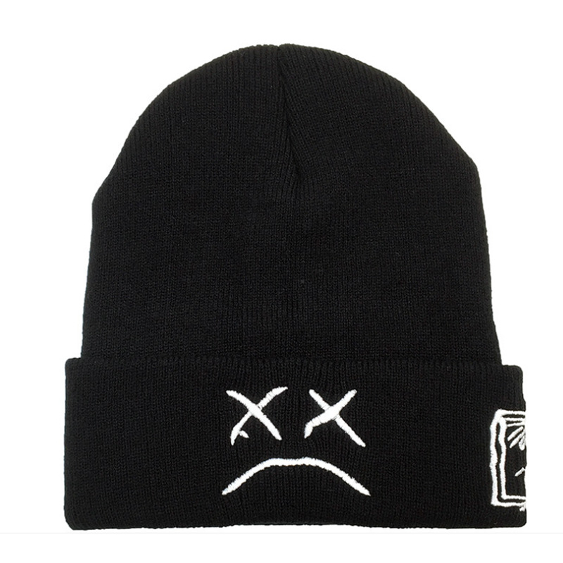 Cross-Border Autumn and Winter Lilpeep Embroidery Knitted Hat Sad Face Expression Xx Crying Face Funny Men and Women Sleeve Cap