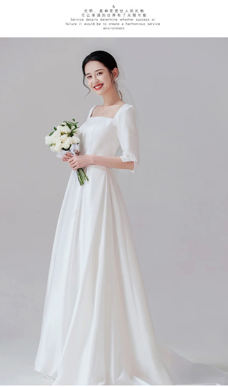 缎面轻婚纱方领长款2022新款简约修身结婚礼服旅拍登记领证轻婚纱