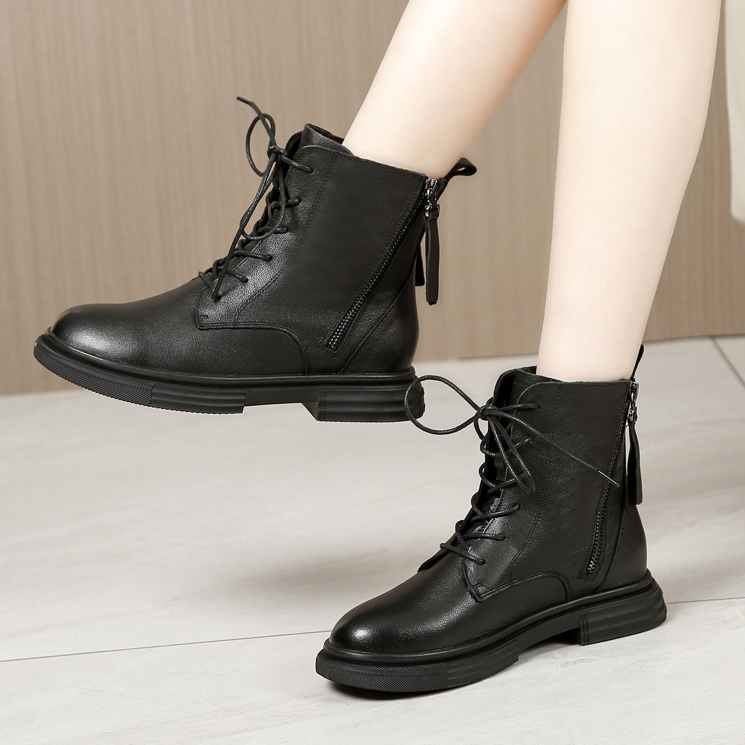 0成交3390双新款短靴女头层牛皮加绒保暖系带中筒英伦风韩版时尚马丁