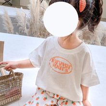 女童夏装新款小女孩短袖清新可爱单衫宽松版印字母宝宝衣服0053