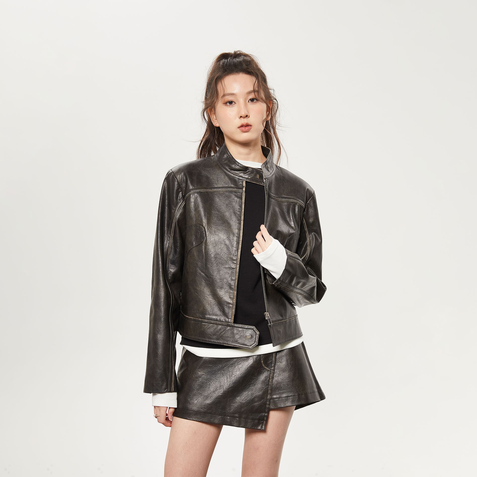 现货lanmi机车皮衣女经典复古23秋mini短裙套装短款正肩夹克外套