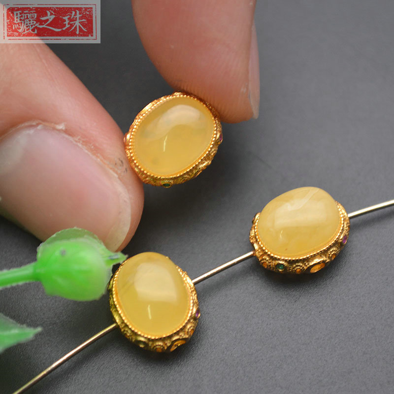 电镀金色s925银镂空镶嵌彩宝天然蜜蜡椭圆形隔珠diy手链项链配件