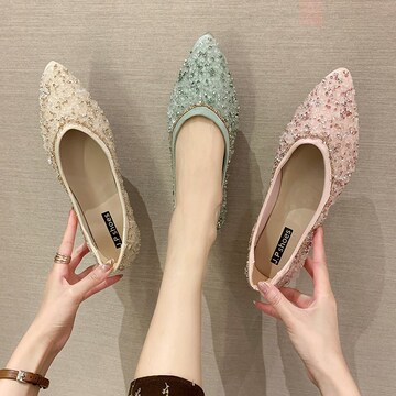 小香风珍珠单鞋女平底软底奶奶鞋2020秋季上新浅口水钻淑女鞋代发