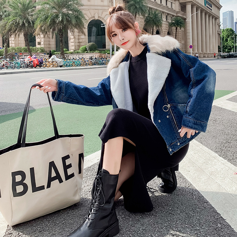 新款显瘦毛领加厚羊羔毛牛仔棉衣女棉服加绒外套-阿里巴巴