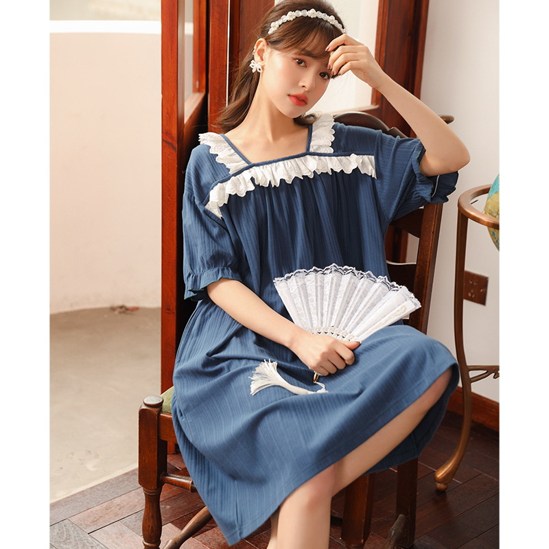 Summer Loose Women's Nightdress Cute Sweet Cotton Homewear Pajamas Can Be Outerwear Short-Sleeved Mid-Length Dress