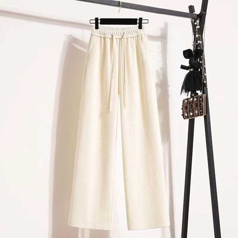 150.00kg plus Size Fleece-lined Thickening Wide Leg Pants Women's Winter Drawstring High Waist Loose and Slimming Straight Casual Mopping Pants