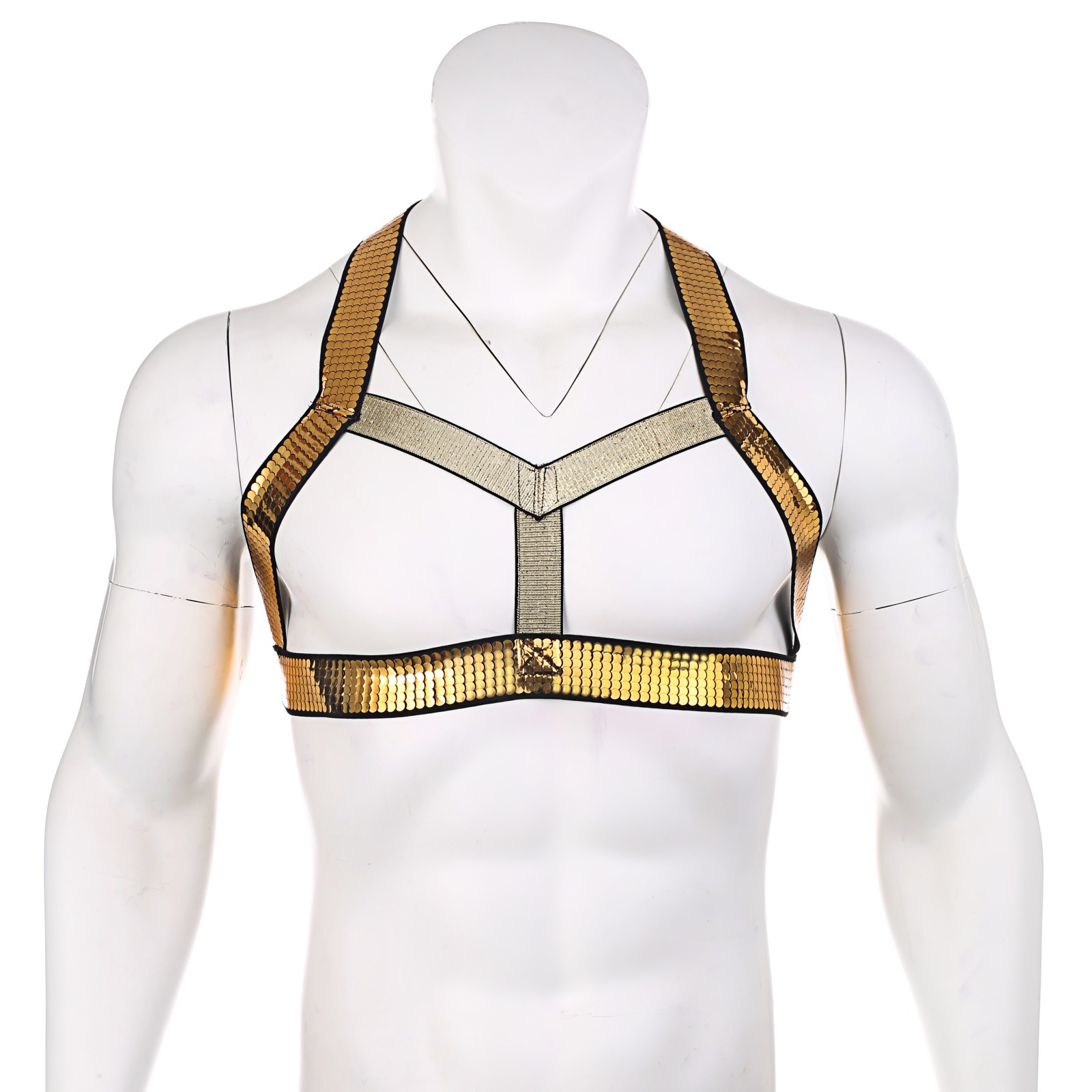 男性感亮片肩带胸衣gay束缚带夜店酒吧衣服演出搭配仿皮内裤铝链