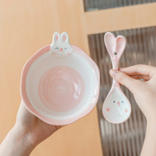 卡通兔子陶瓷吃米饭碗儿童可爱家用釉下彩餐具5英寸女生甜品小貓