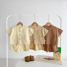 夏季儿童套装韩版男童棉薄款短袖2024新款纯色两件套居家服外出服