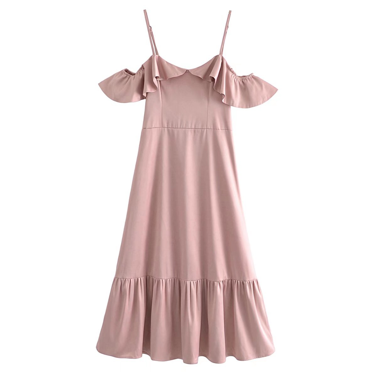 一字领荷叶边吊带裙图片