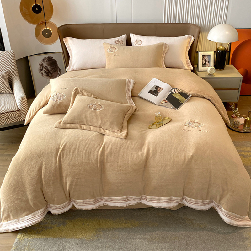 High-End Winter Milk Fiber Four-Piece Thickened Double-Sided with Velvet Flannel Bedding Bed Sheet Coral Fleece Duvet Cover Warm