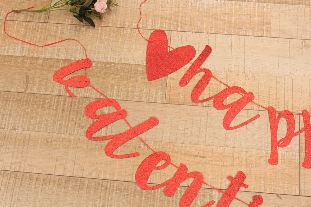 闪粉连体happy valentines day情人节派对装饰拉旗爱心拉花横幅