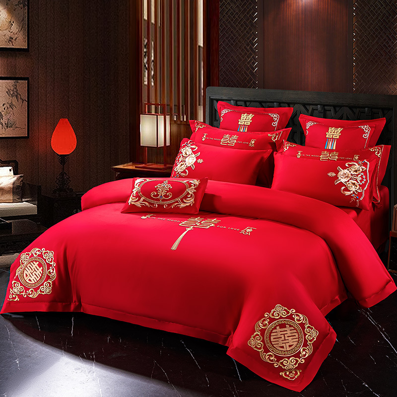High-End Wedding Four-Piece Set Wedding Bedding Embroidered Red Long-Staple Cotton Dragon and Phoenix Daxi Bed Sheet Duvet Cover Bed Skirt