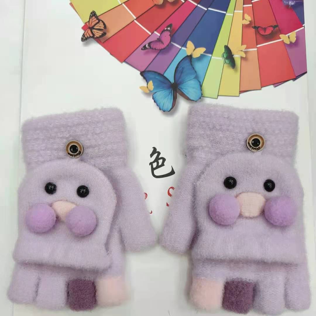 Winter Children's Knitted Gloves Cute Duck Cartoon Flip Half Finger Gloves Student Writing Warm Gloves 