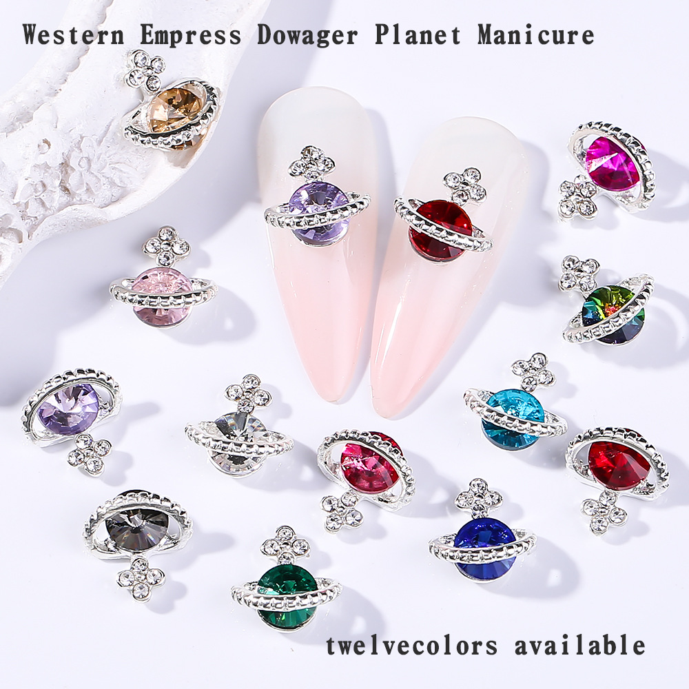 Cross-Border Hot Queen Mother Planet Nail Beauty Alloy Ornaments Shiny Multi-Color Light Luxury Diamond-Embedded Saturn Nail Sticker Jewelry