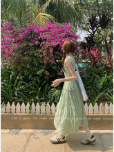 夏季感气质裙子收腰显瘦温柔风中长款法式森系绿色连衣裙女装