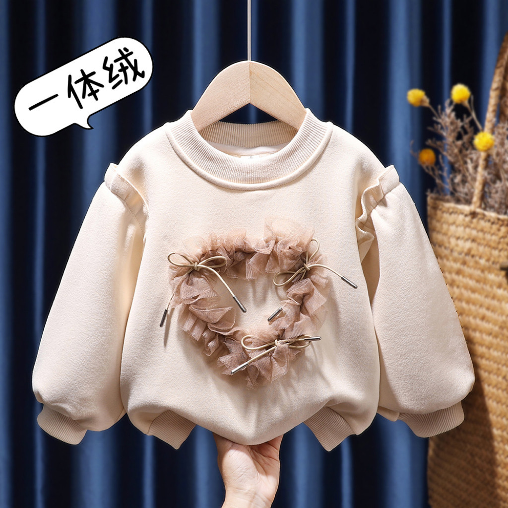 2023 Deep Autumn and Winter 80-Size 130 Single-Layer Fleece-Lined Flower Puff Sleeve Sweater Girl's Clothing Children New Winter Clothes