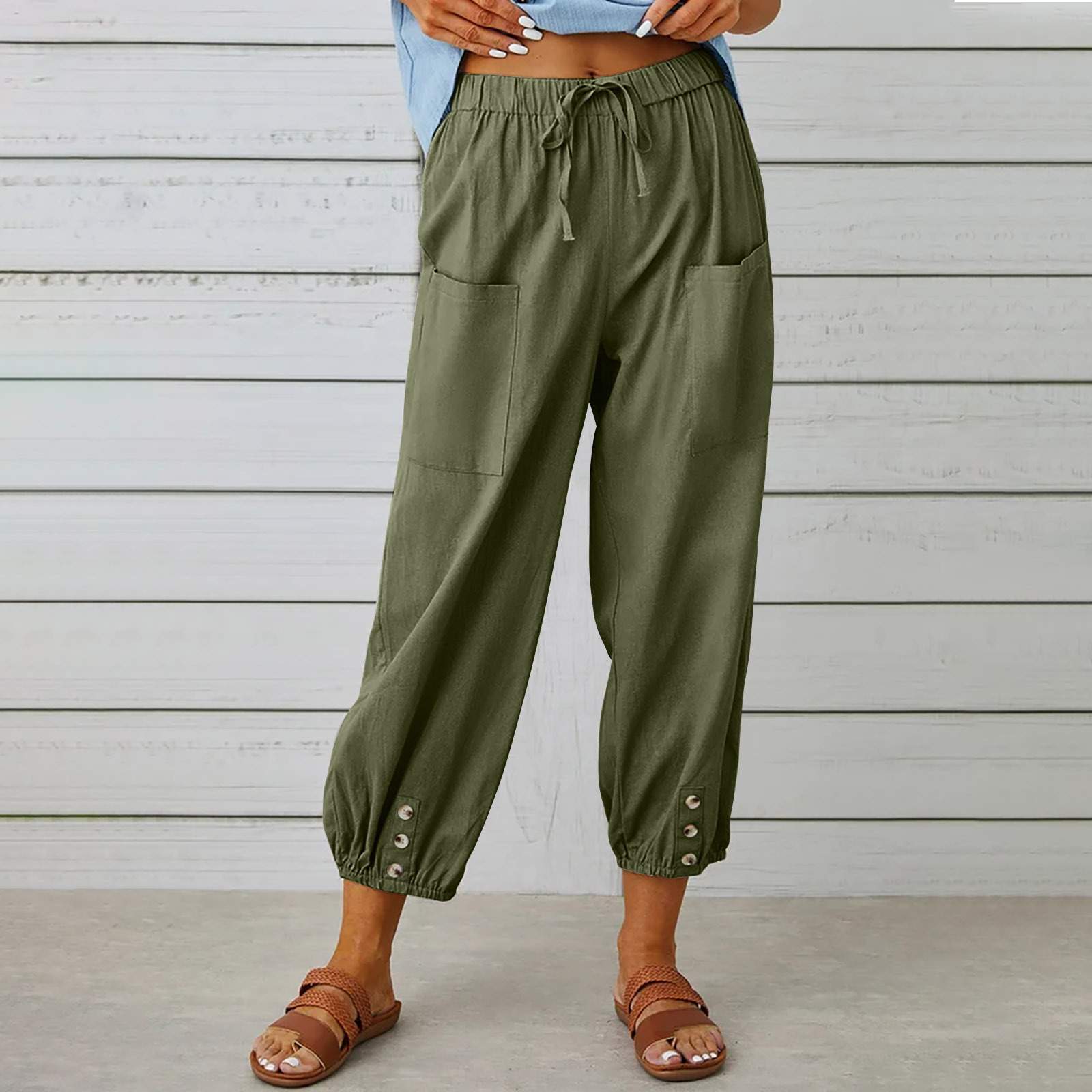 2023 New Europe and America Cross Border Amazon Wish Loose High Waist Button Cotton and Linen Trousers Cropped Pants Wide Leg Women's Pants